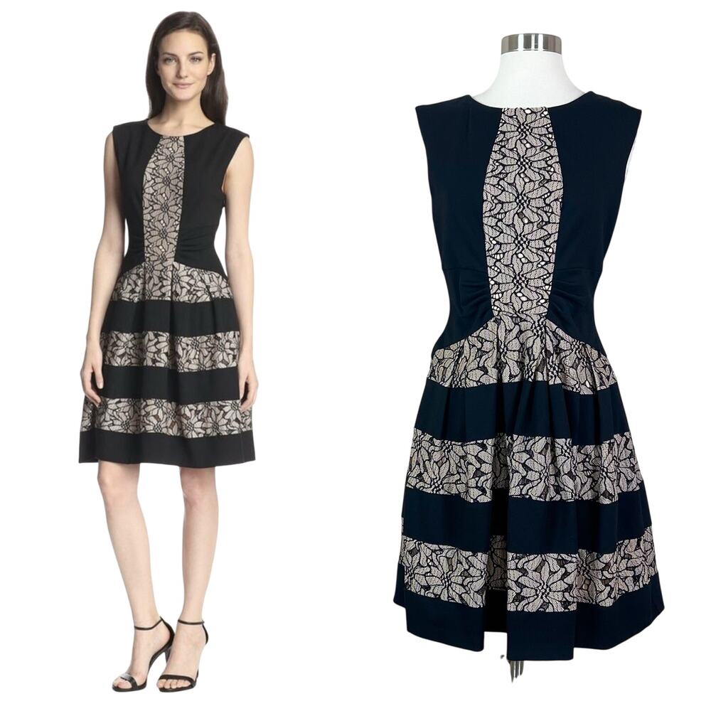 Anthropologie | Eva Franco Lace Panel Black Cream Fit Flare Floral Party Dress 6